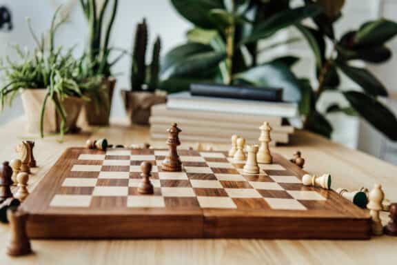 chessboard and pieces during the game at home