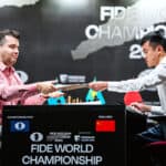 GM Ian Nepomniachtchi and GM Ding Liren after their first game in FIDE World Championship Game